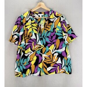 Nine West Women's Sz 2XL Tropical Floral Prints‎ Keyhole Tie Front Sheer Blouse